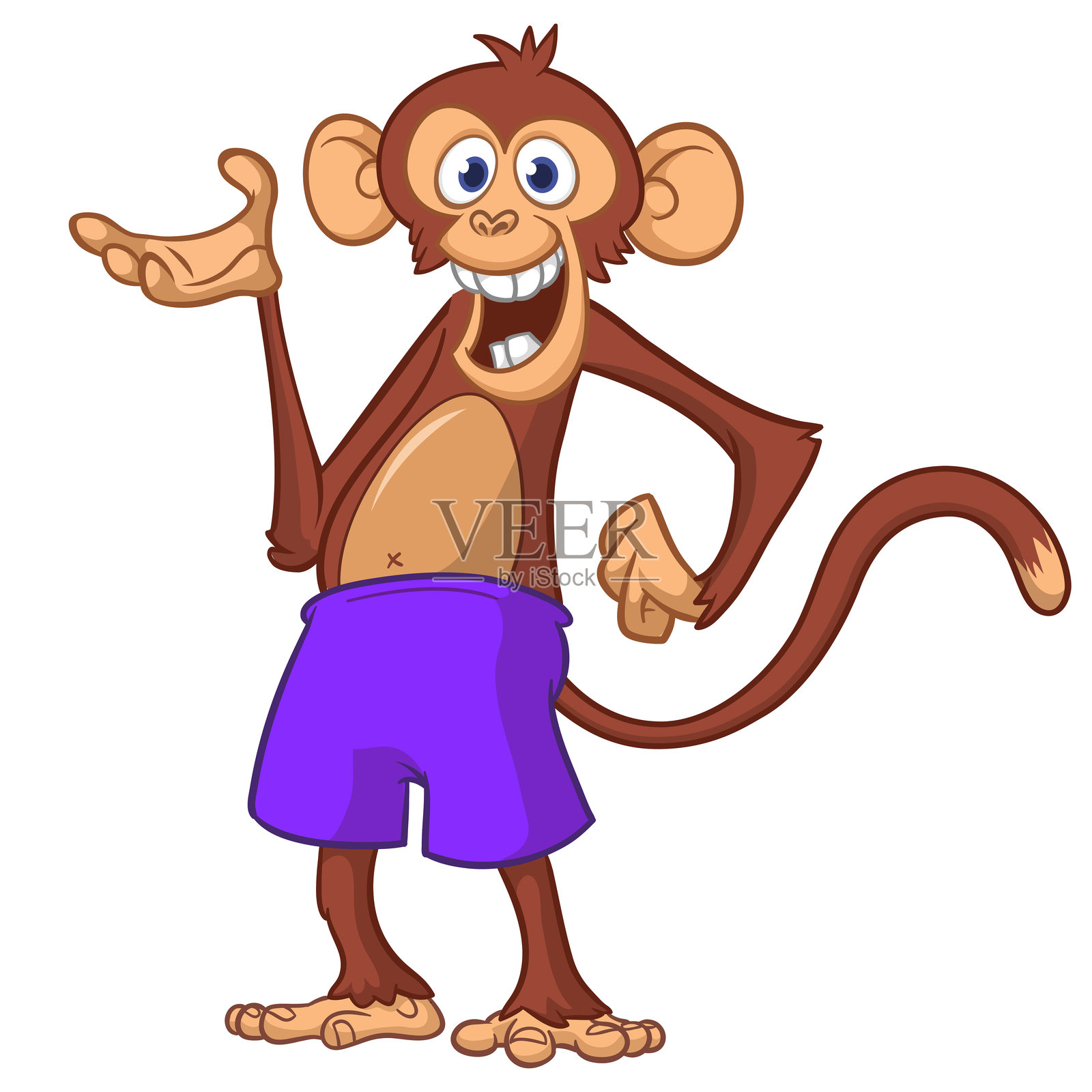 卡通滑稽猴子黑猩猩穿着短裤，矢量图，孤立在白色背景上插画图片素材