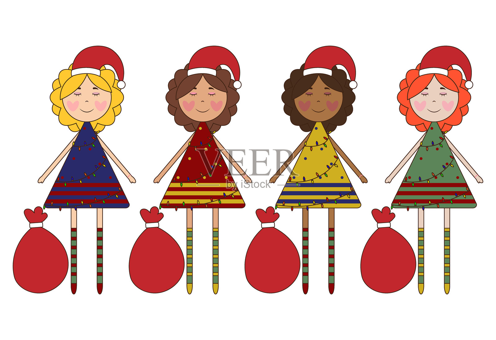 戴着绒线帽的小女孩圣诞吉祥物，手提礼品袋，身旁有圣诞彩灯插画图片素材