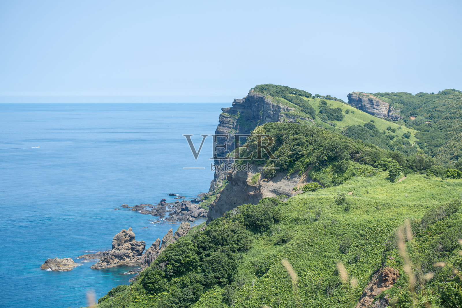 日本神威岬（Kozakicho, Cape Kamui, Japan）海岸悬崖，绿植环绕，晴日里俯瞰平静的蓝色海洋照片摄影图片