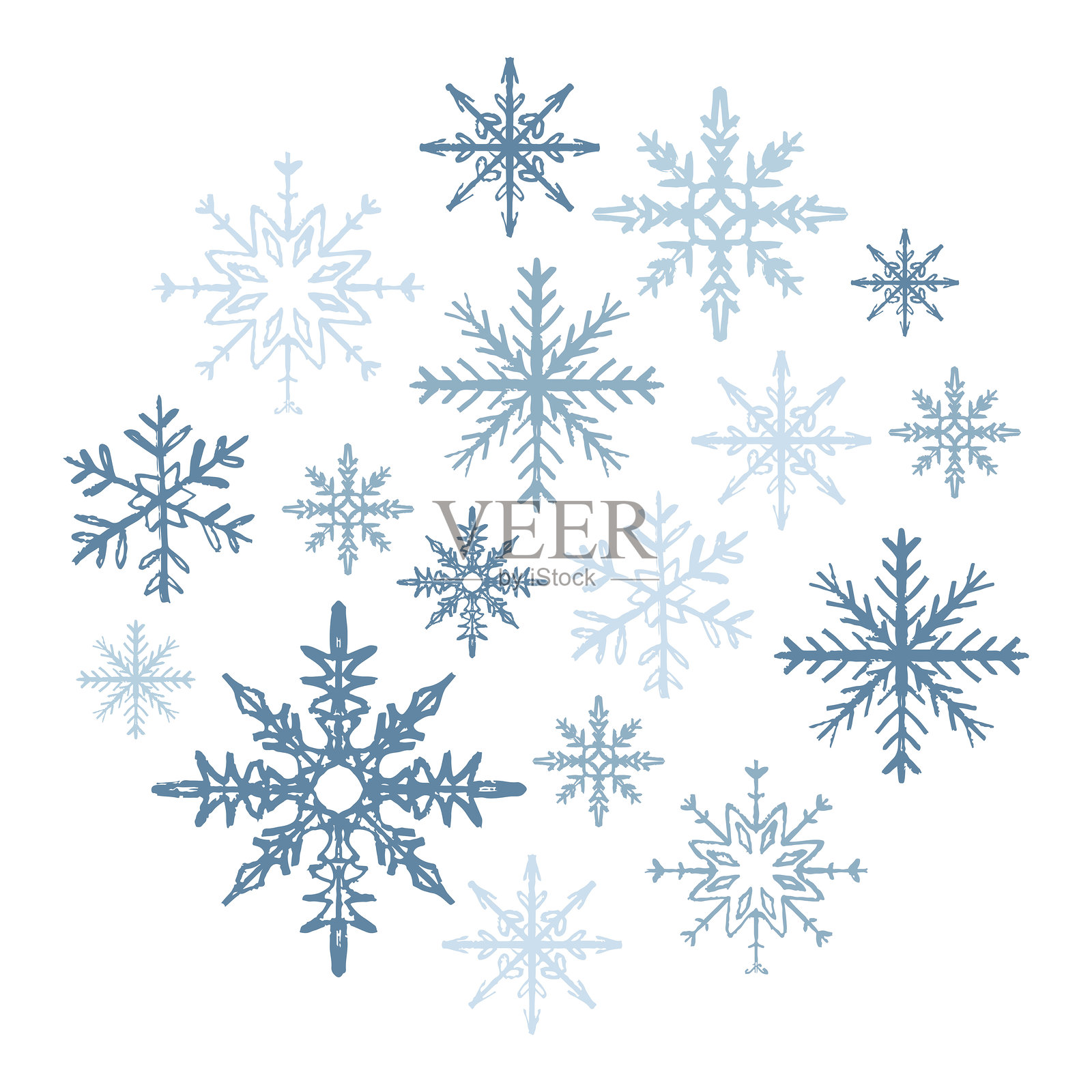 手绘圆形蓝色雪花设计。复古蜡笔炭笔风格的矢量草图插画。冬季圣诞装饰、服装印花、纺织品设计。插画图片素材