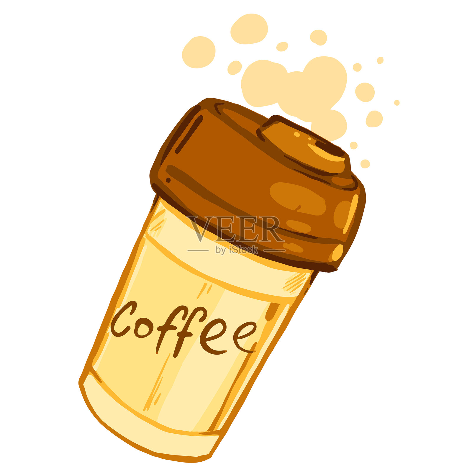 矢量图，一个带有泡沫的咖啡外卖杯。手绘热饮，孤立在白色背景上。插画图片素材