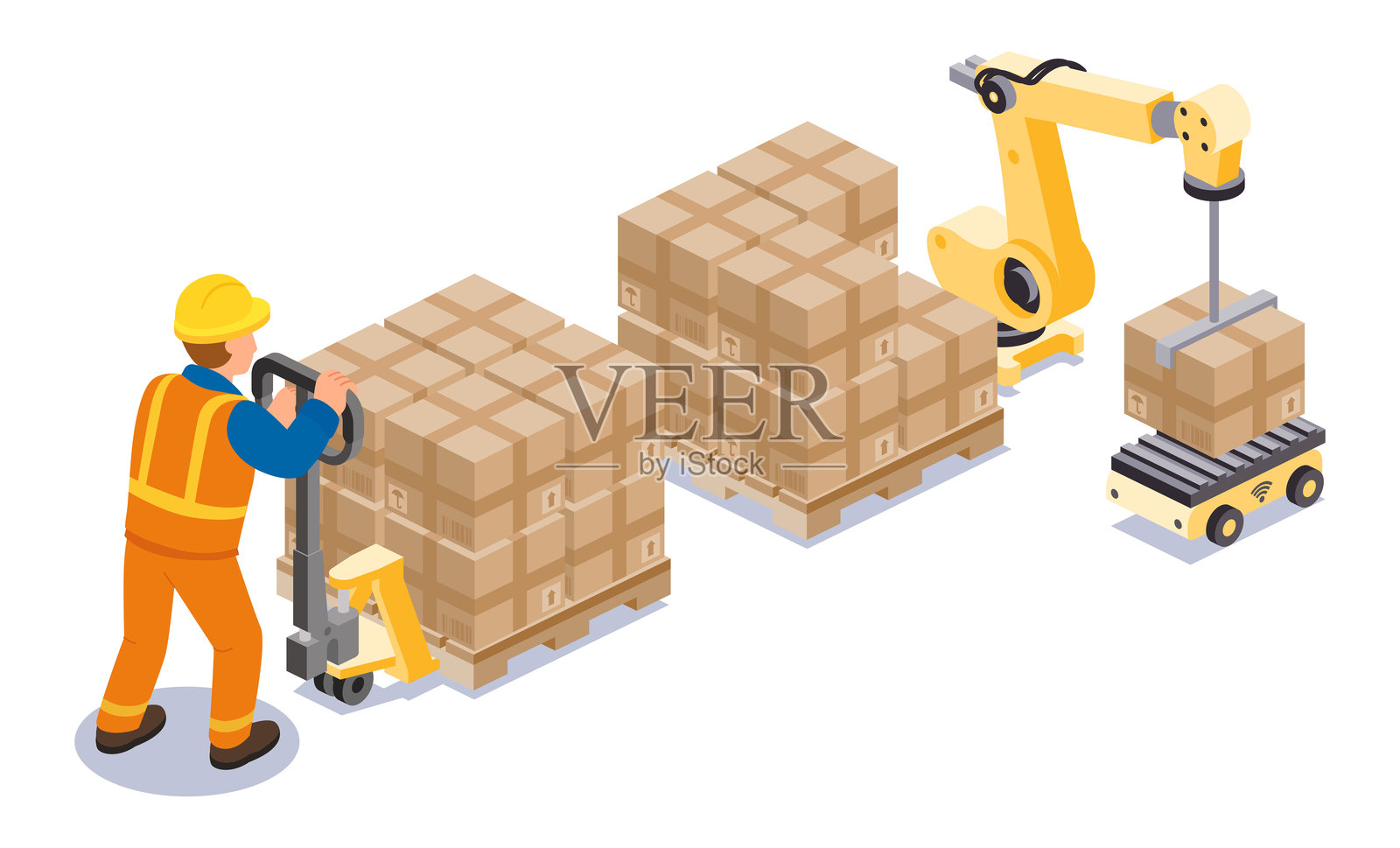 仓库中身穿橙色制服的工人，手持托盘车和机械臂，采用等距视图。自动化、物流和货物装卸概念。插画图片素材