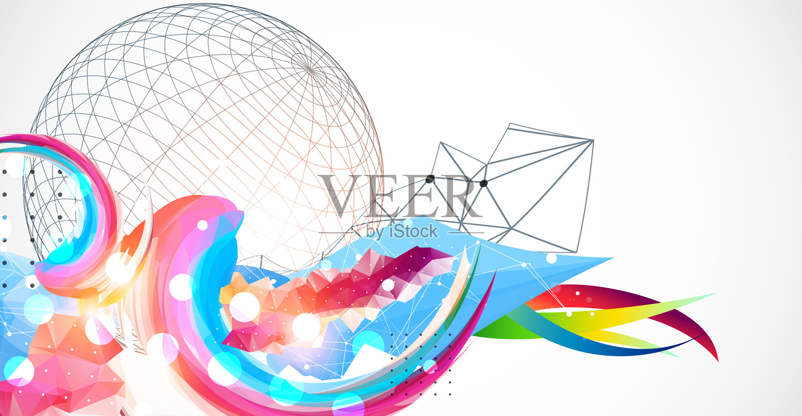 抽象艺术作品，包含彩色波浪、多边形和线框球体。插画图片素材