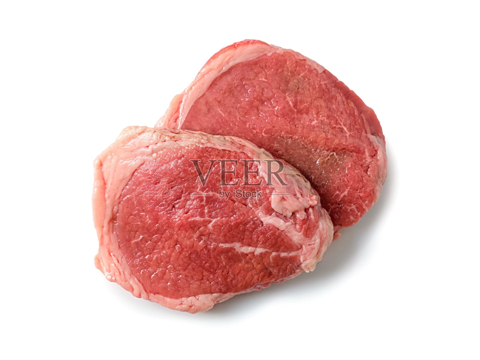 俯视视角，两块未烹饪的大理石纹牛肉牛排。照片摄影图片