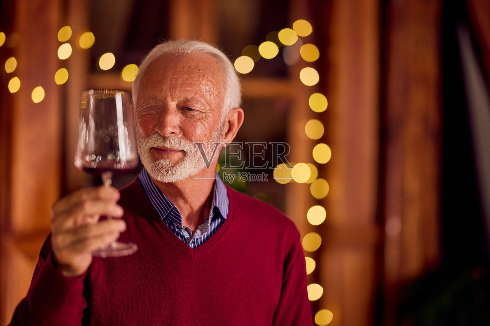 温馨新年庆典：一位老人在节日氛围的家中举着酒杯照片摄影图片