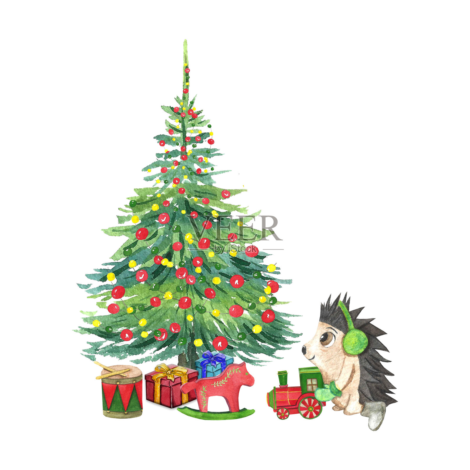 儿童新年插画，有圣诞树、玩具、礼物和一只可爱的小刺猬，水彩画插画图片素材