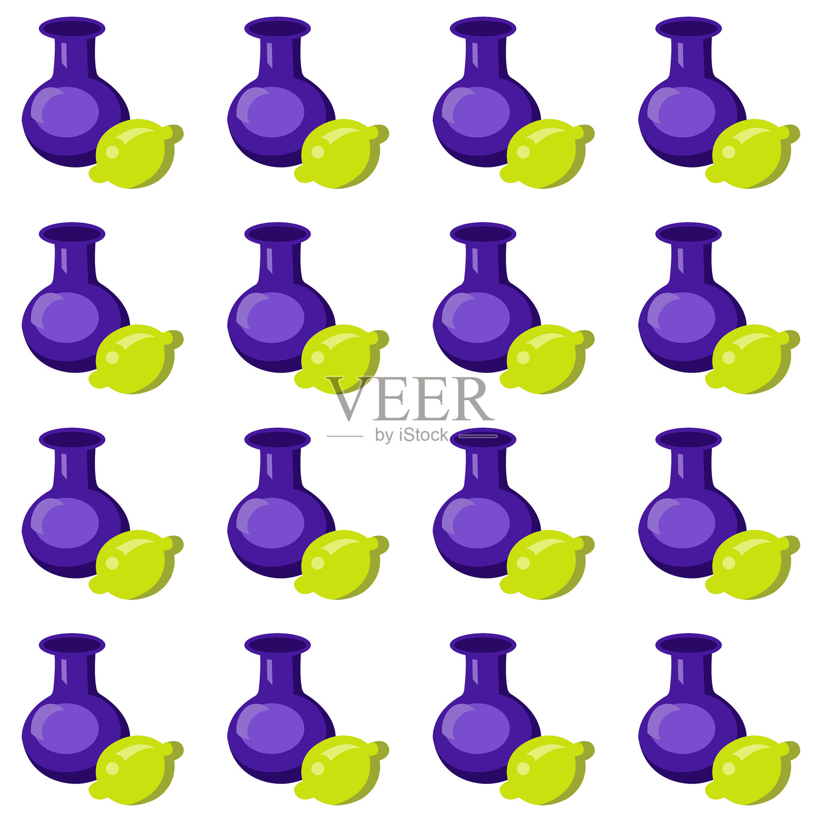 可爱的蓝色花瓶和成熟的柠檬。无缝图案。插画图片素材