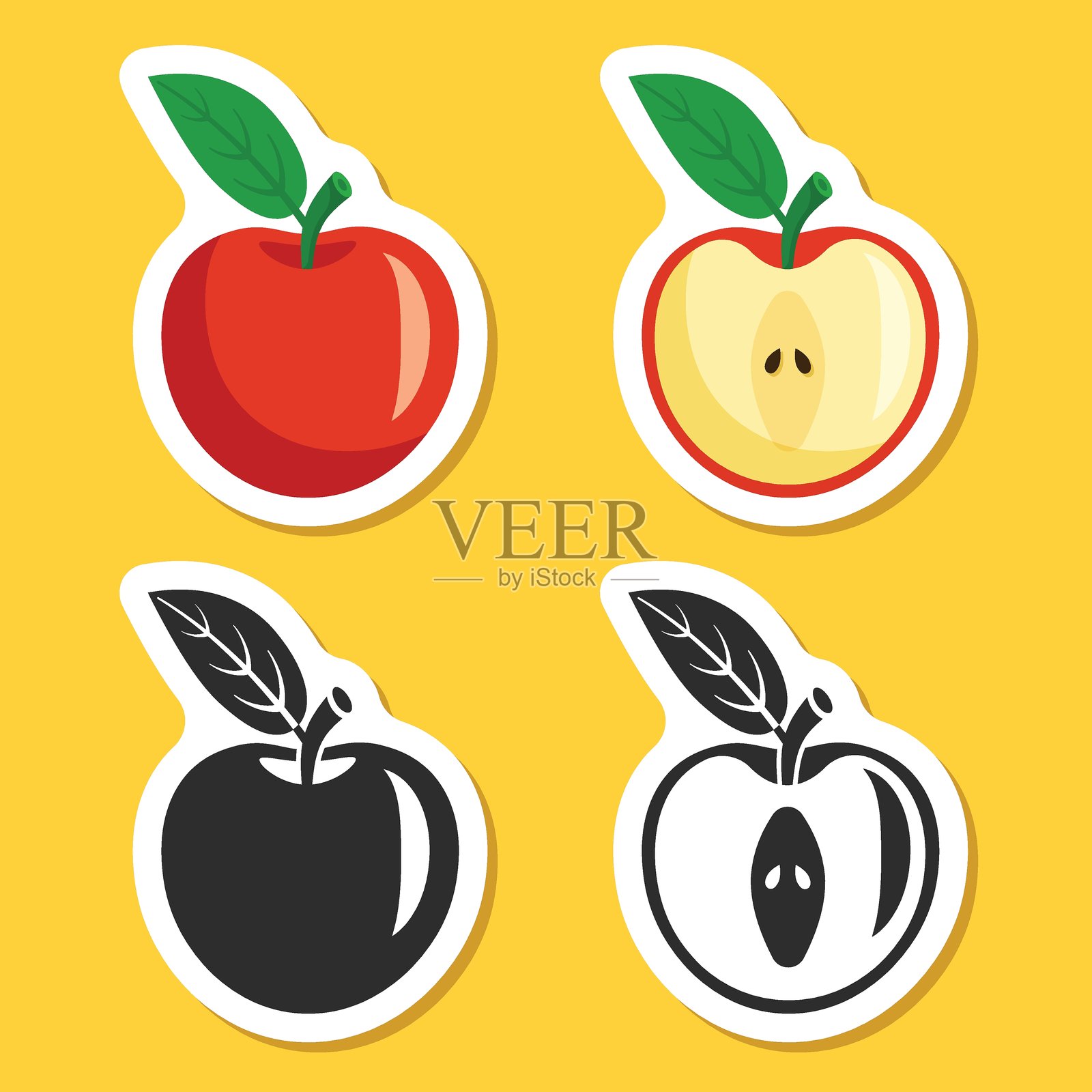 扁平风格的苹果水果贴纸图标集。新鲜的甜点矢量图，孤立的背景。新鲜食物标志业务概念。插画图片素材
