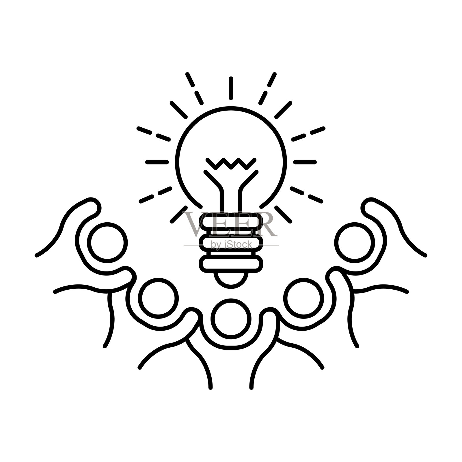 商业社区与灯泡，团队聚会，创意想法，图标，团队合作，白色背景上的细线性网络符号 - 可编辑描边矢量图插画图片素材