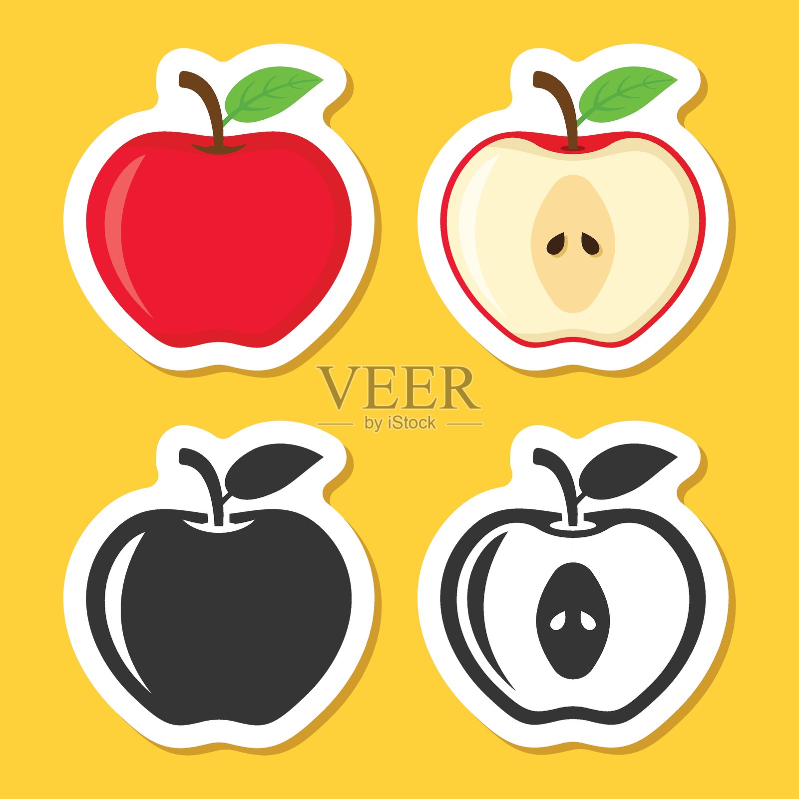 扁平风格的苹果水果贴纸图标集。新鲜食物标志业务概念，矢量图在孤立的背景上展示健康甜点。插画图片素材