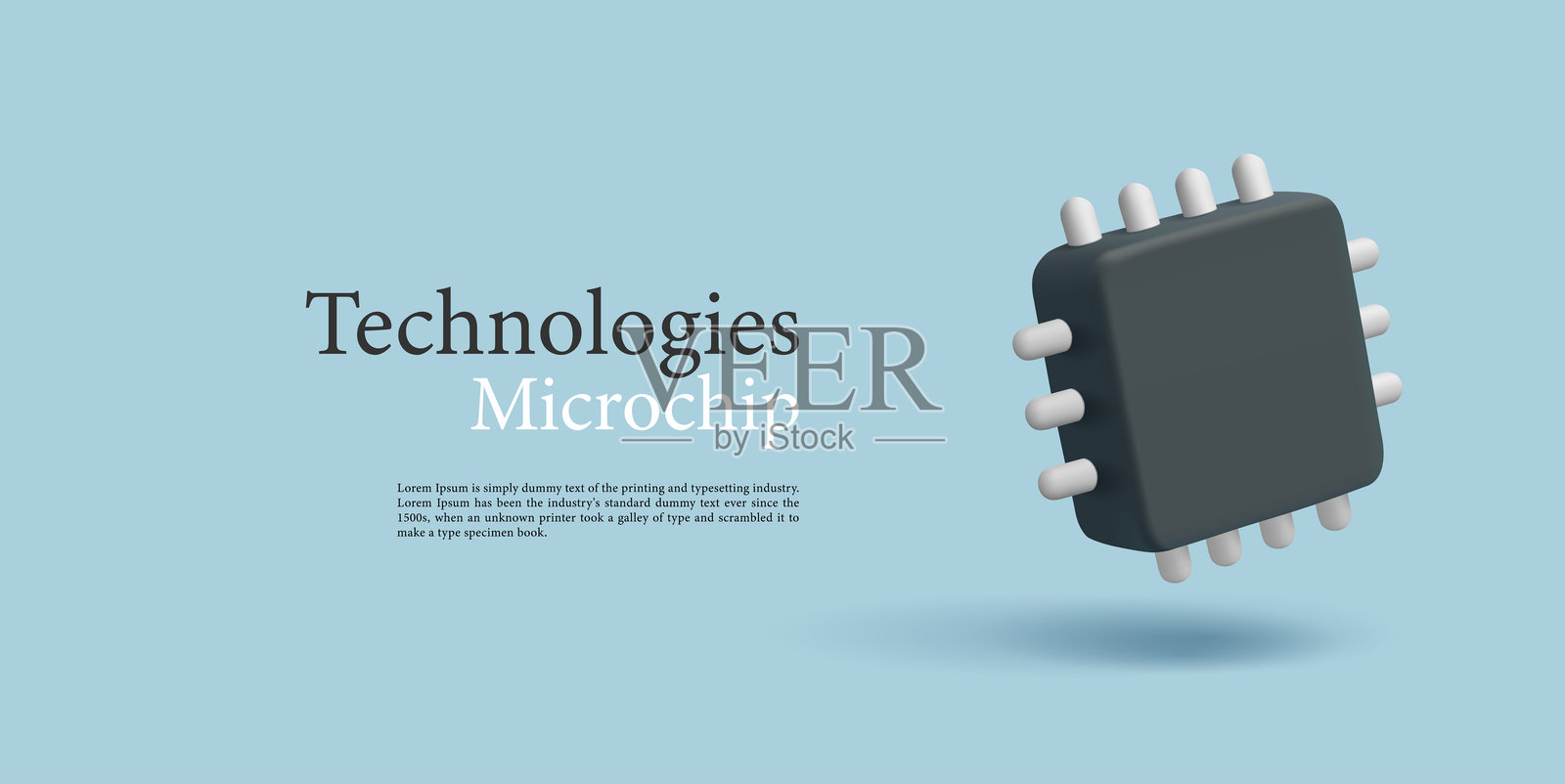 微芯片、半导体、技术、三维。极简主义图标。现代网页横幅，用于电子产品技术组件、生产等概念。矢量插图。插画图片素材
