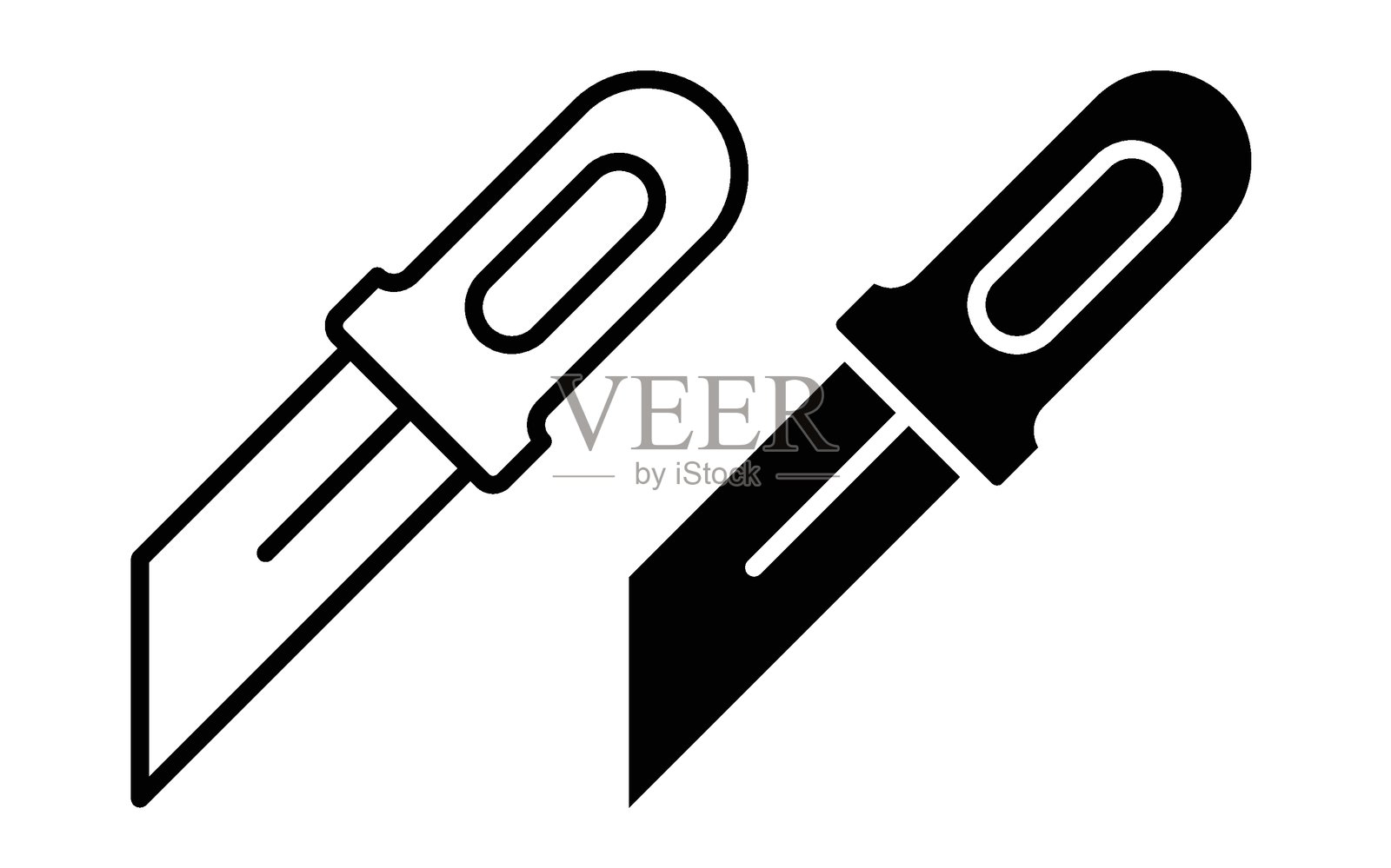 两把独特的手工刀具的极简线条艺术，黑白。插画图片素材