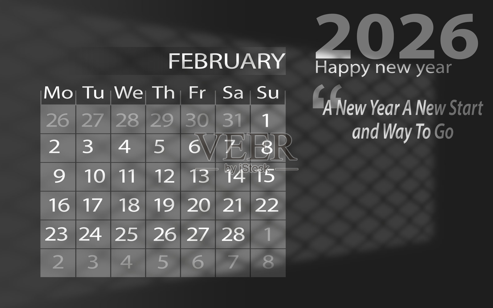 2026年2月日历，附带新年寄语和阴影背景插画图片素材