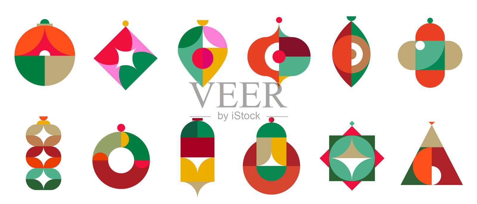 抽象的玩具，用于圣诞节、新年或其他节日的装饰，采用现代马赛克风格，形状各异。一套节日扁平化极简设计元素。抽象矢量图。插画图片素材