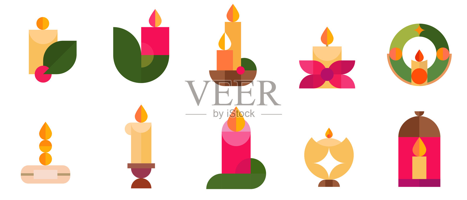 用于装饰的抽象蜡烛，适用于圣诞节、新年、生日或其他节日，采用现代马赛克风格，形状各异。节日扁平化极简设计元素套装。矢量插画。插画图片素材