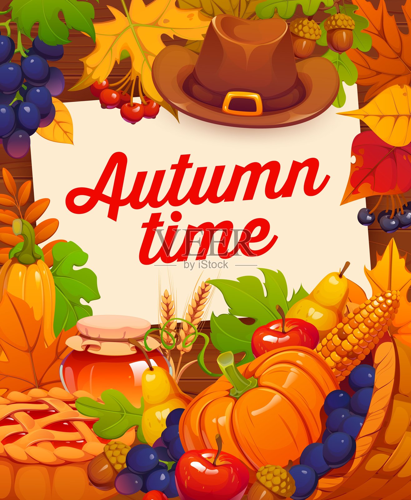 快乐感恩节海报，配有秋叶插画图片素材