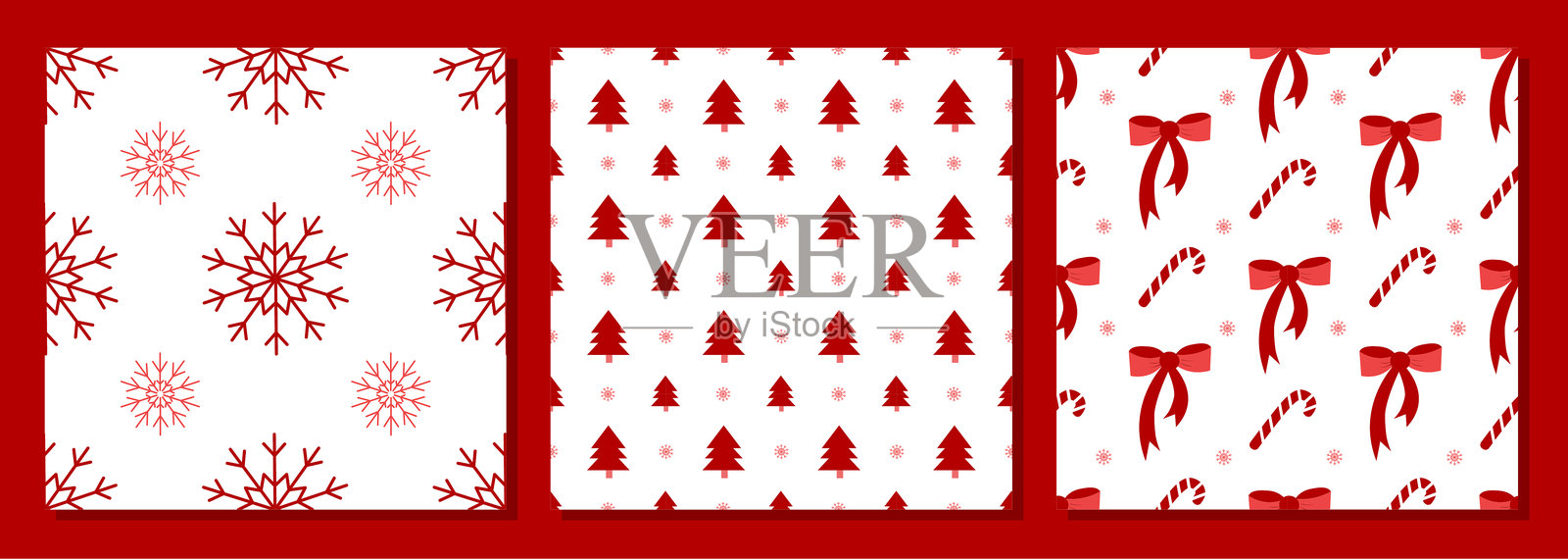 一套包含红色雪花、蝴蝶结、圣诞树和拐杖糖的无缝圣诞图案插画图片素材