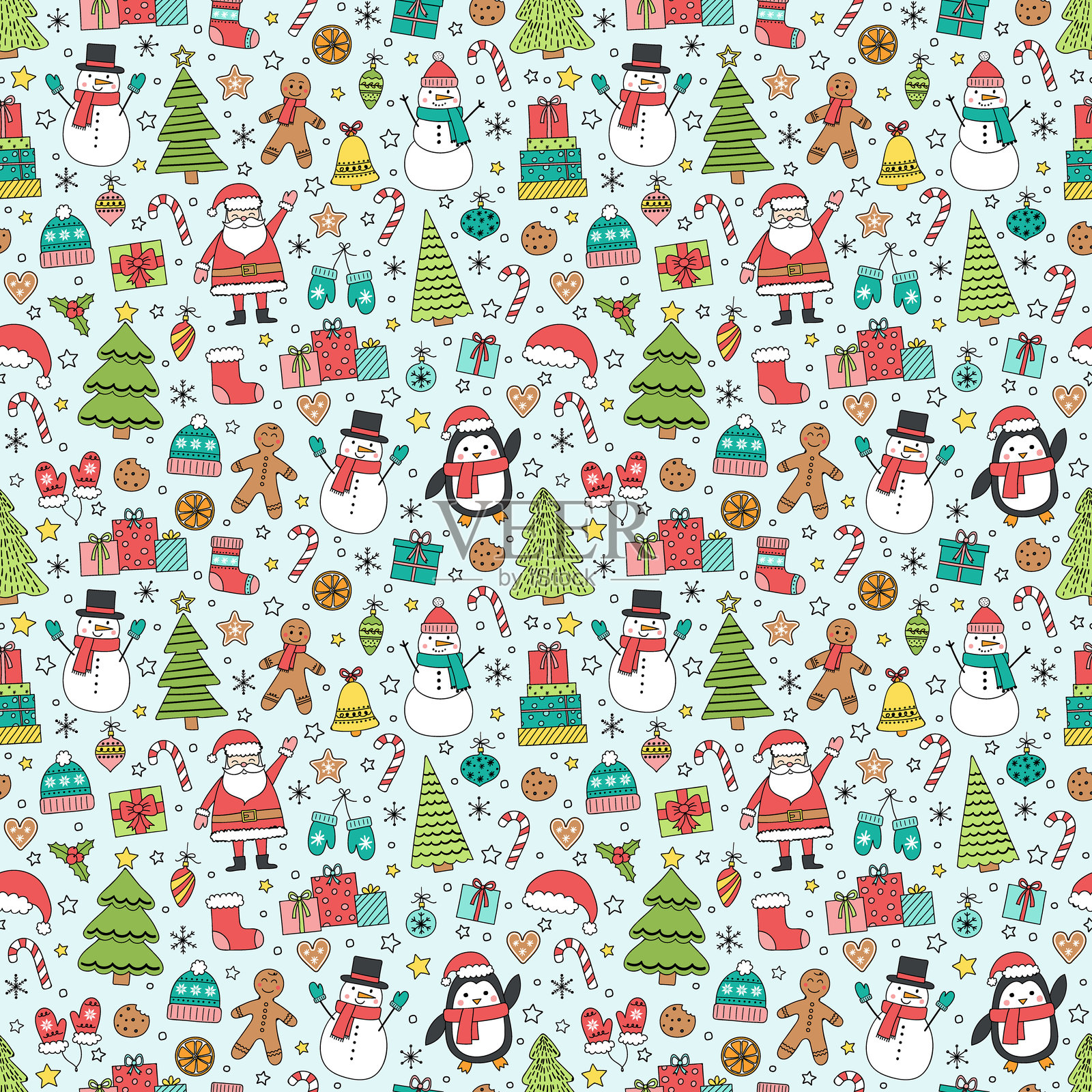 圣诞背景设计。卡通装饰品的无缝图案。矢量图插画图片素材