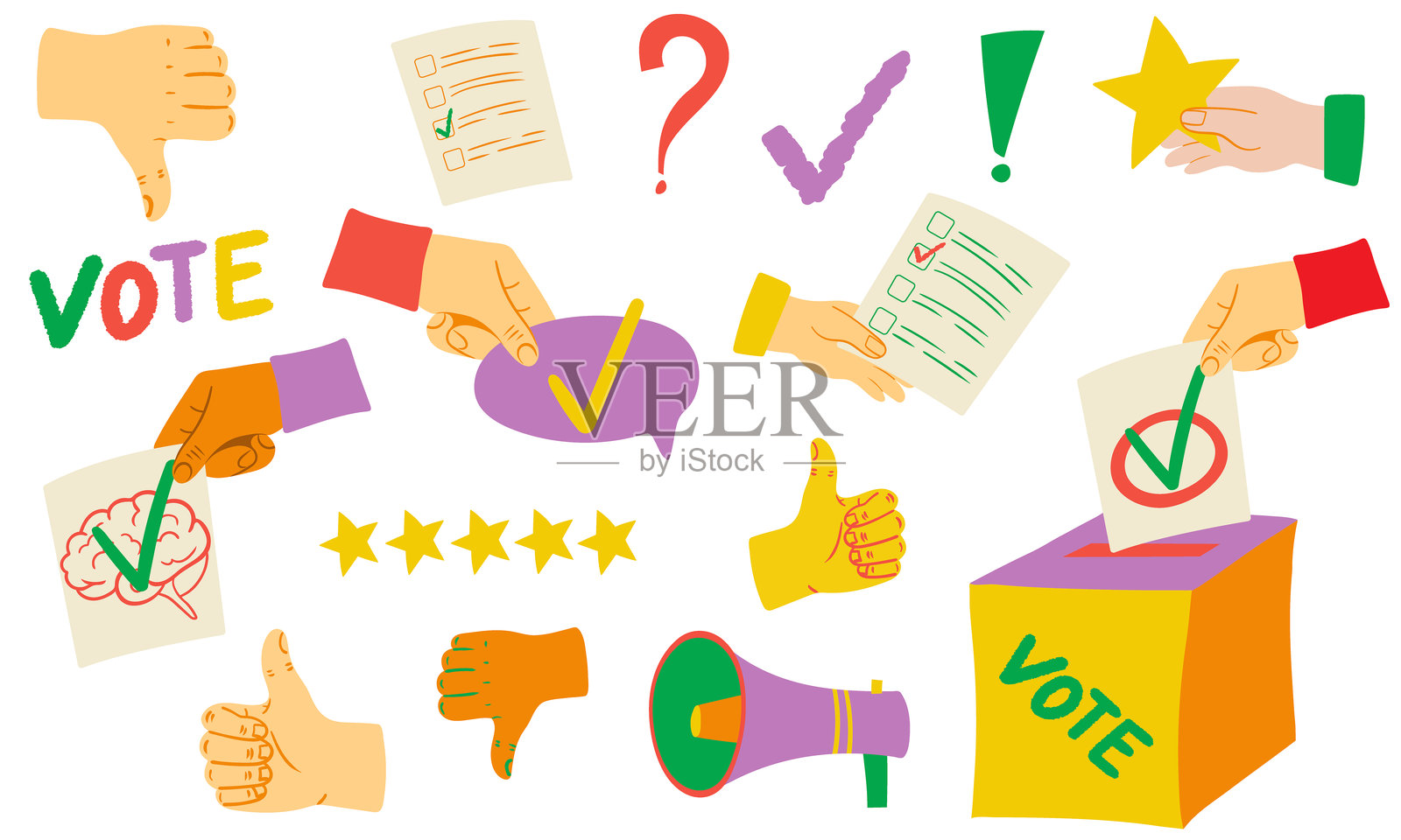 选举日矢量图，包含投票元素、选票、手持文件和做出手势、评分星级、扩音器以及投票箱，均为孤立的。插画图片素材