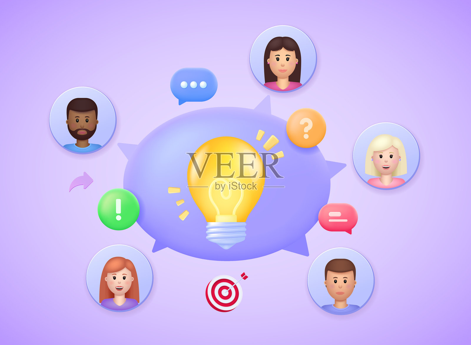 头脑风暴会议，人物肖像和聊天云中的想法灯泡，古怪的3D矢量插图中富有创意的团队合作概念，现代伪三维沟通艺术插画图片素材