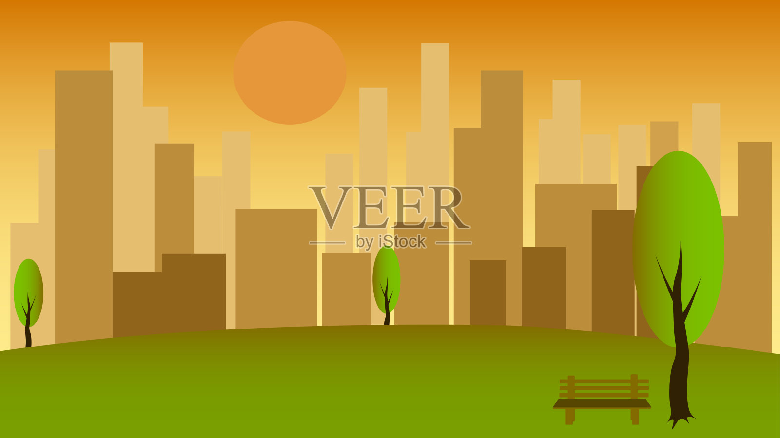 日落时分城市景观，高楼林立，城市公园插画插画图片素材