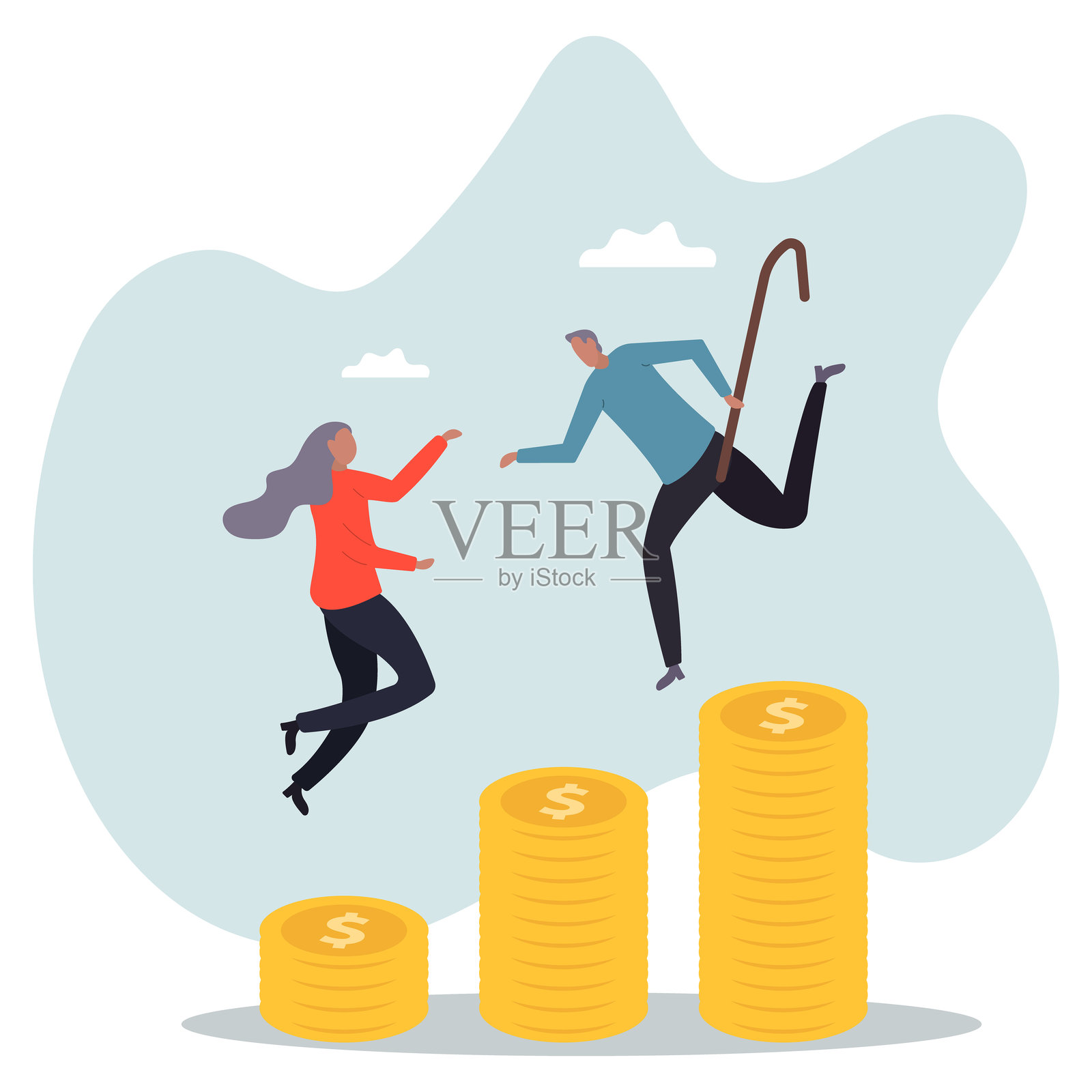 退休储蓄或投资养老金，规划退休后的生活财富与开销。关于一个男人和他的人生。插画图片素材