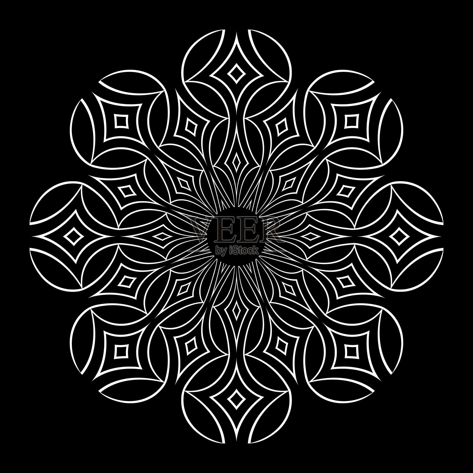 黑色背景上的圆形花卉图案。抽象装饰花。插画图片素材