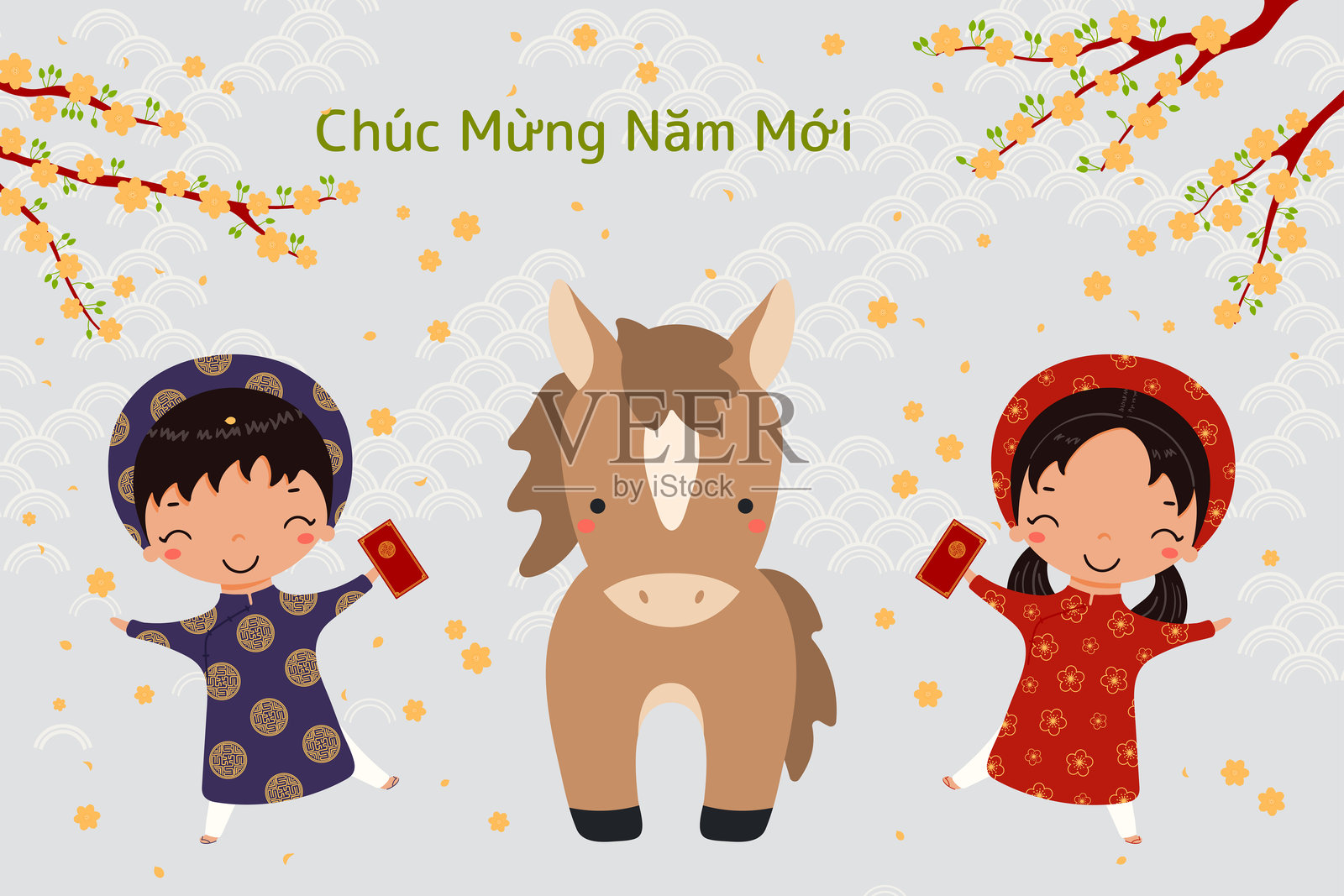 2026 越南新年春节可爱马匹设计插画图片素材