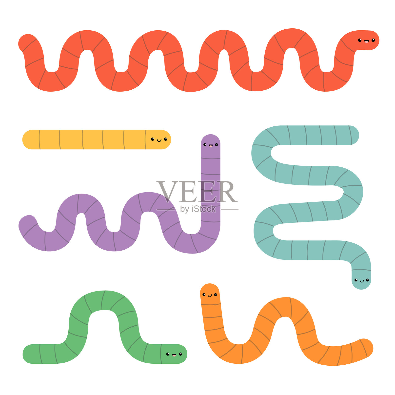 毛毛虫套装。彩色抽象昆虫图标。卡通搞笑可爱婴儿动物角色。可爱的爬行虫集合。笑脸。幼稚风格。平面设计。白色背景。孤立插画图片素材