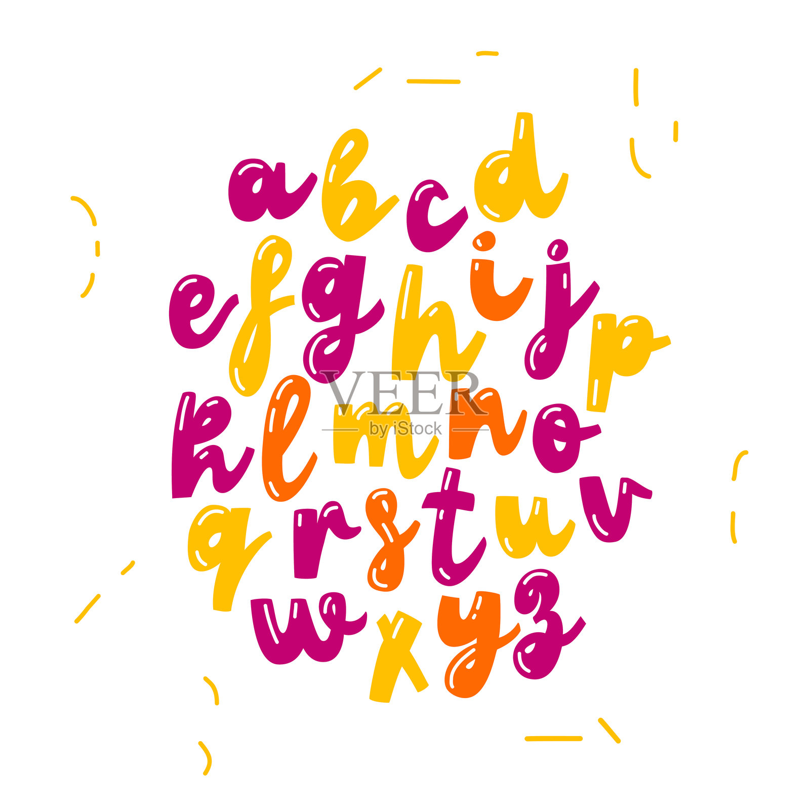 一套俏皮的英文小写字母。带有高光效果的字体，有趣而多彩。一个充满乐趣和无忧无虑的字母表。用于引语的字母。插画图片素材