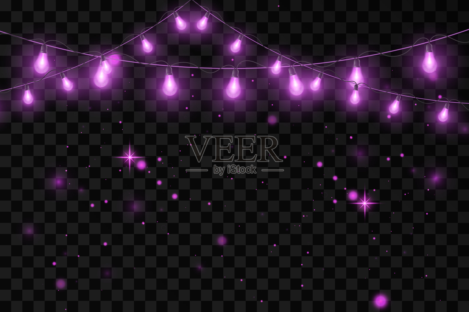 带紫色灯泡的灯串，带有灯光效果插画图片素材