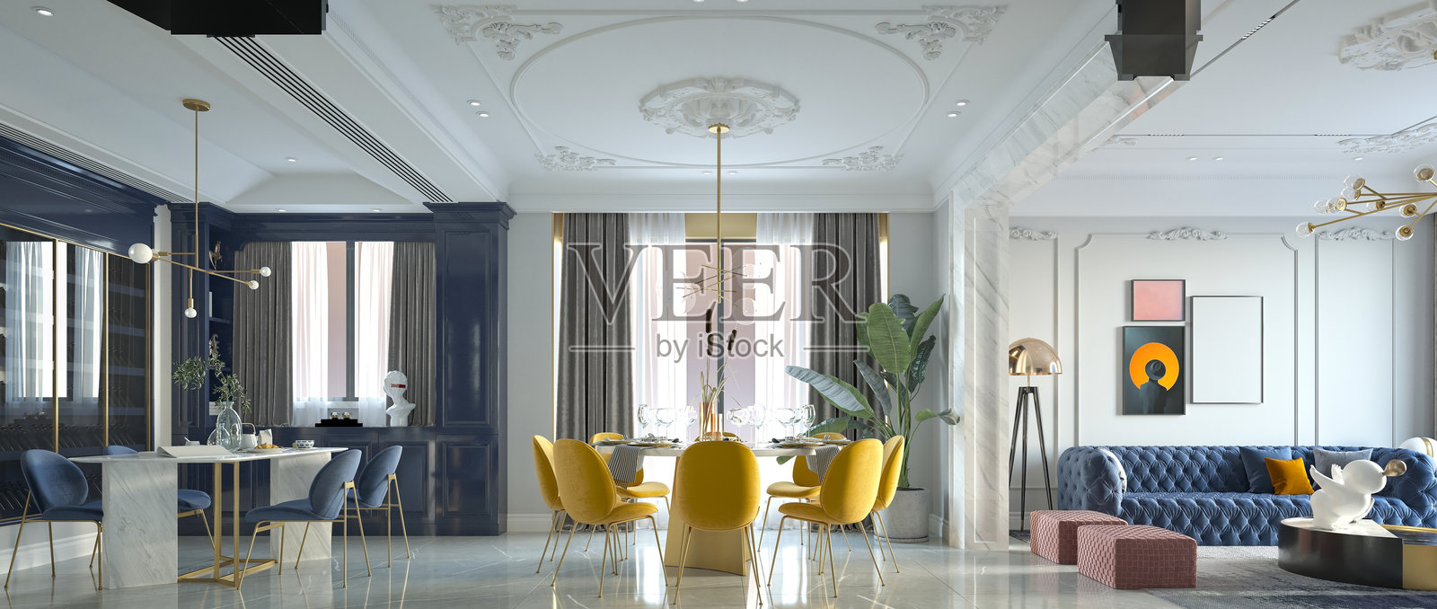 3D渲染的家居室内，客厅餐厅照片摄影图片