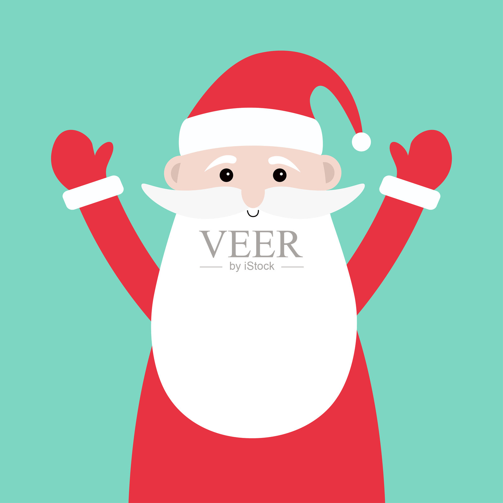 可爱的圣诞老人举起双手。红帽子、红袍、圆圆的胡须。可爱的卡通可爱有趣的形象。圣诞快乐。新年。童趣风格。贺卡。孤立。绿色背景。插画图片素材