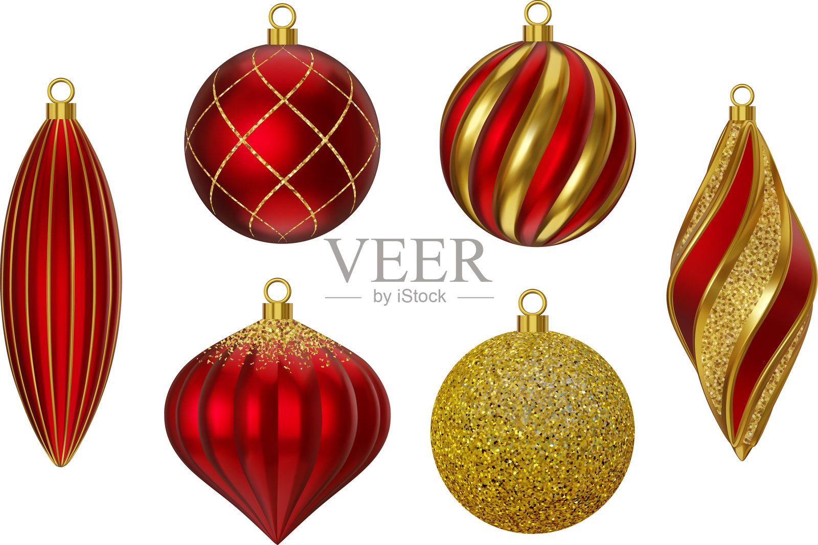 一套孤立的圣诞彩球。写实风格的红色和金色圣诞树装饰品集合。带有金色、红色和闪光装饰的圣诞吊球。插画图片素材