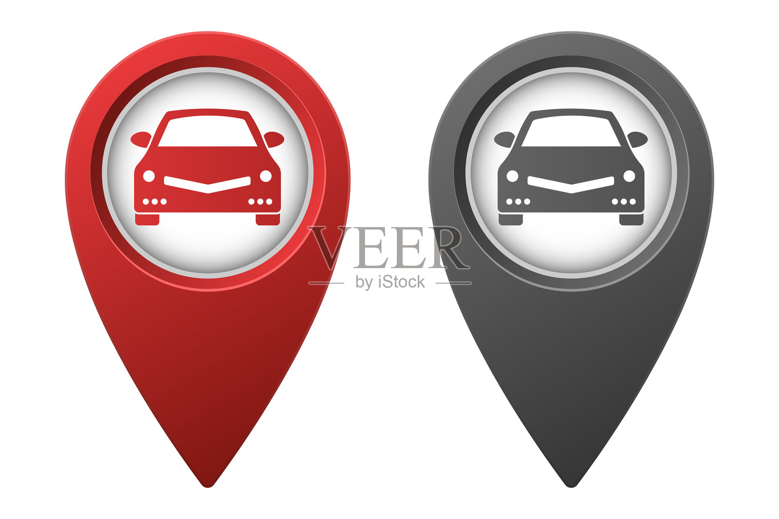 红色的活跃地图指针或标记，带有灰色的不活跃标记和汽车图标插画图片素材