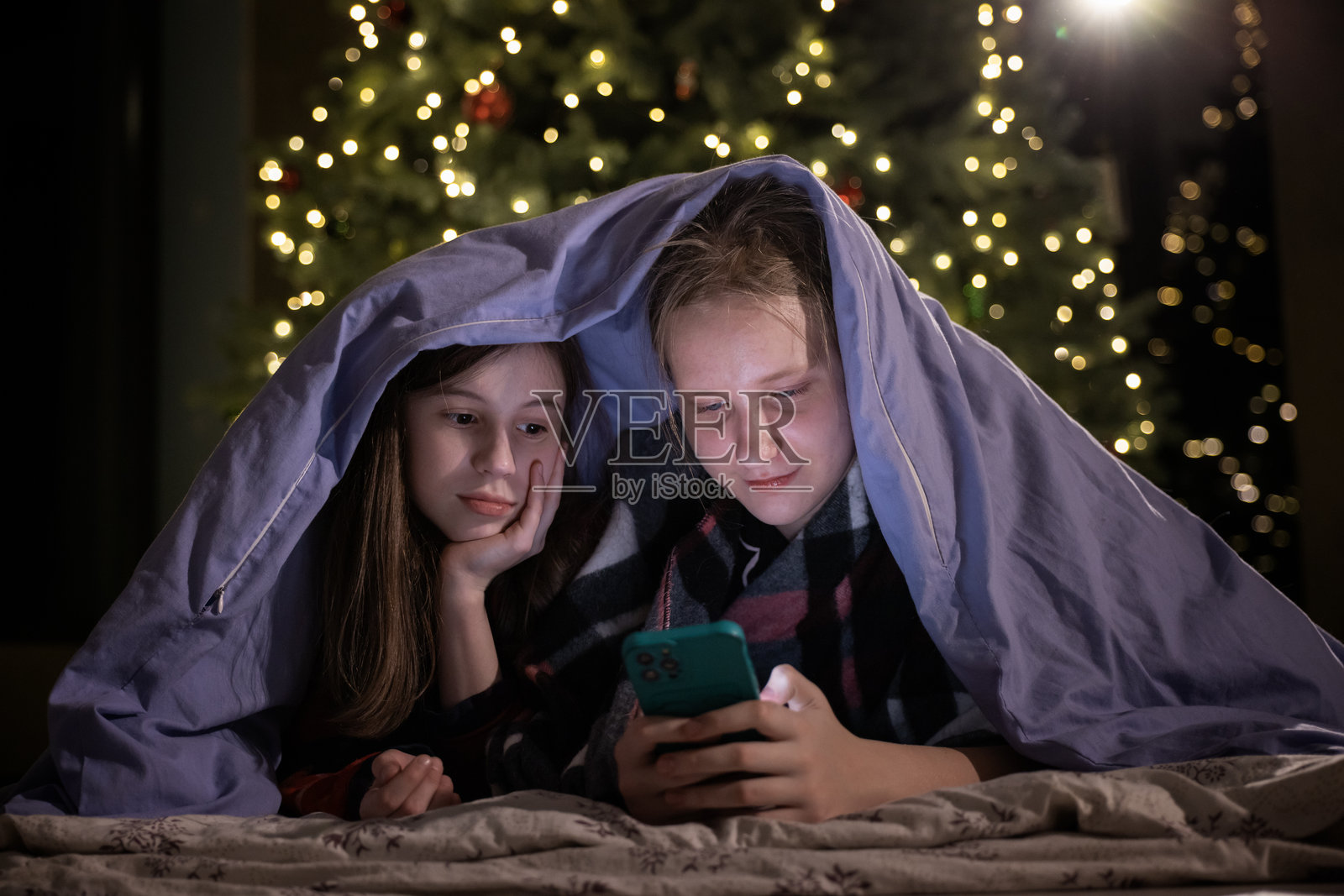 两个女孩裹在毯子里，在闪烁着节日灯光的圣诞树旁一起看手机照片摄影图片