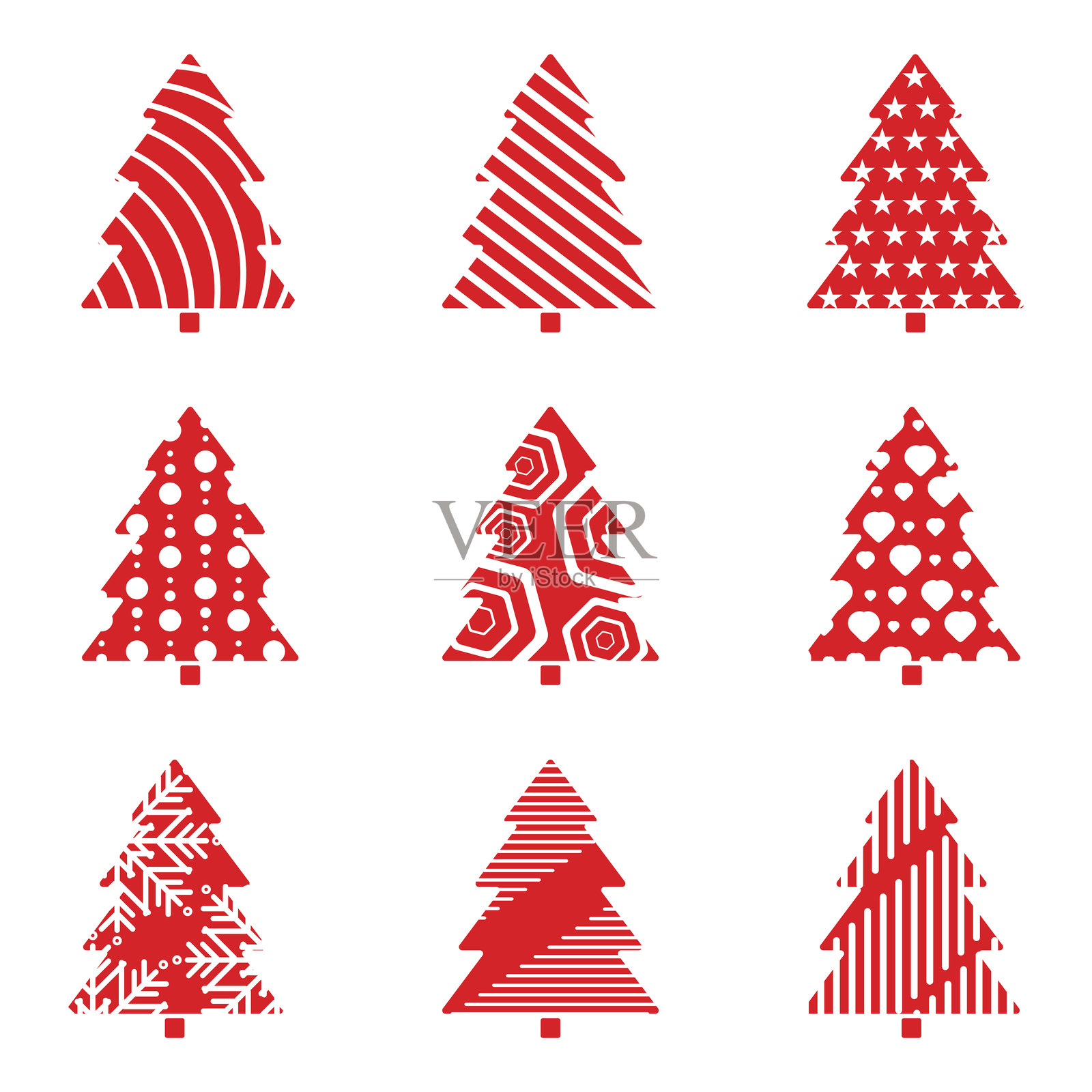 一套现代圣诞元素，以带有时尚抽象线条图案的红色树木为特色。圣诞元素概念矢量插图设计插画图片素材