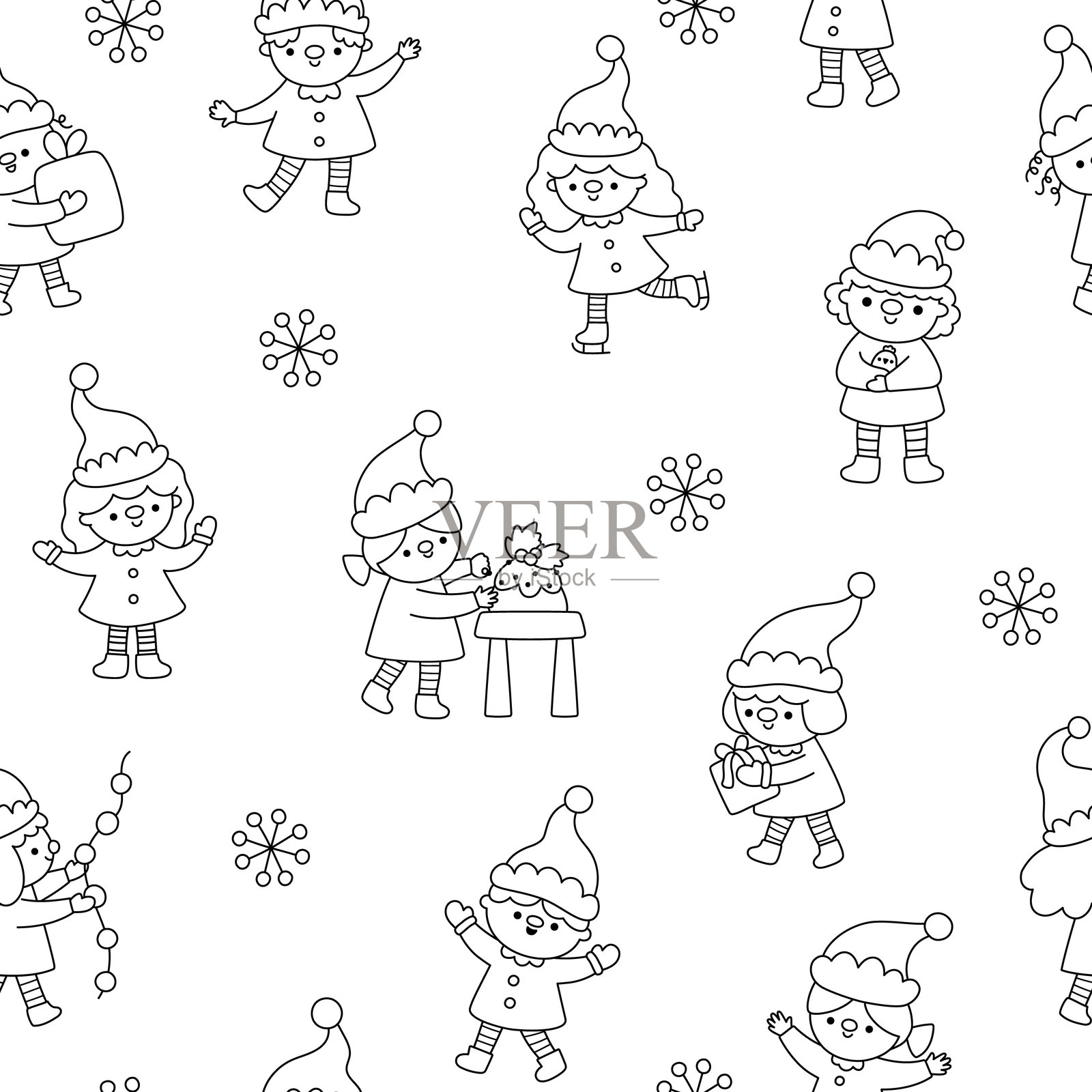 矢量黑白圣诞节无缝图案。新年线条重复背景，带有精灵。可爱的节日儿童数字纸张。冬季假日着色页，带有传统角色。插画图片素材