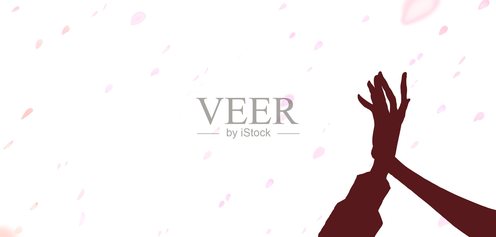 男女交织的双手和飘落的樱花花瓣插画图片素材