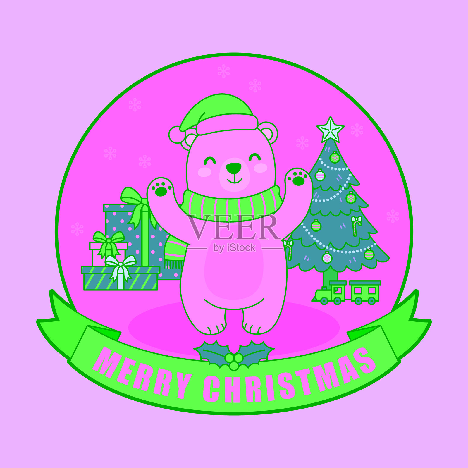 一只戴着圣诞帽的可爱北极熊正在庆祝。包含圣诞树、雪花球里的礼物和“圣诞快乐”的问候横幅插画图片素材