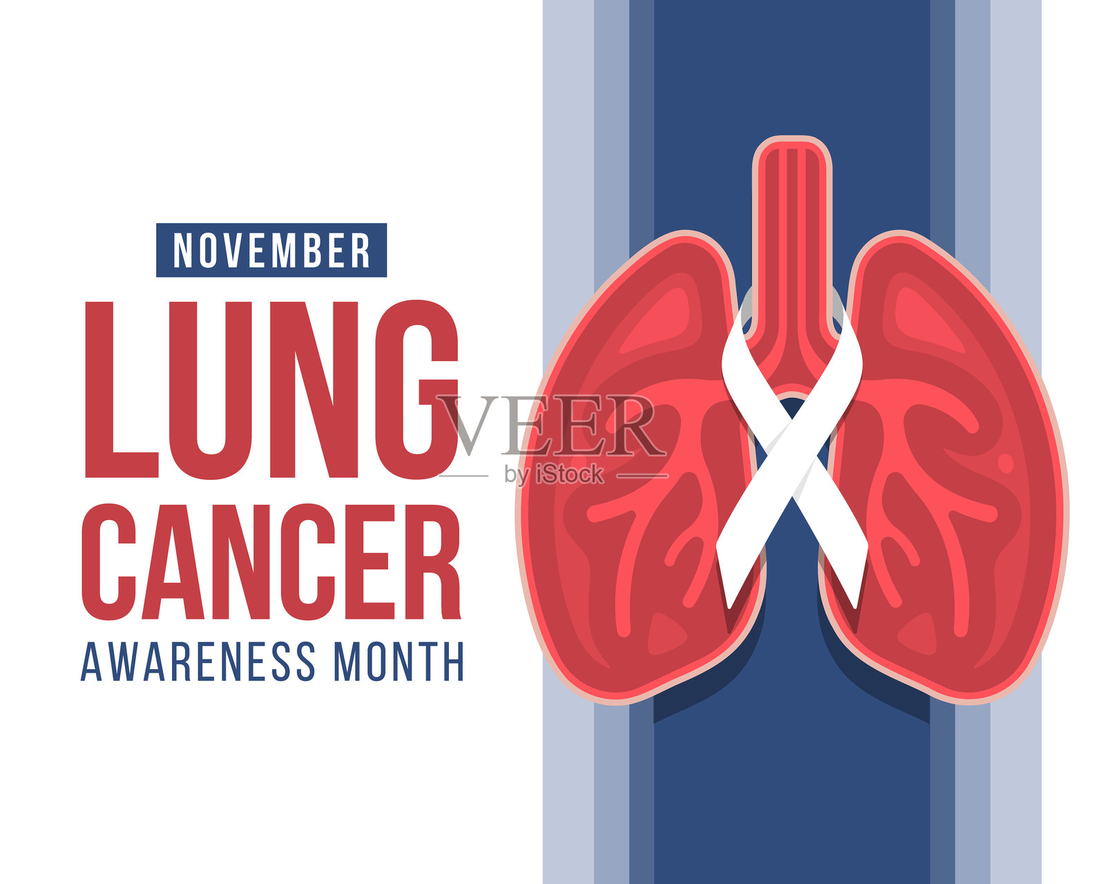 11月，肺癌宣传月——白色丝带横跨红色肺部，背景为蓝色标签矢量设计插画图片素材