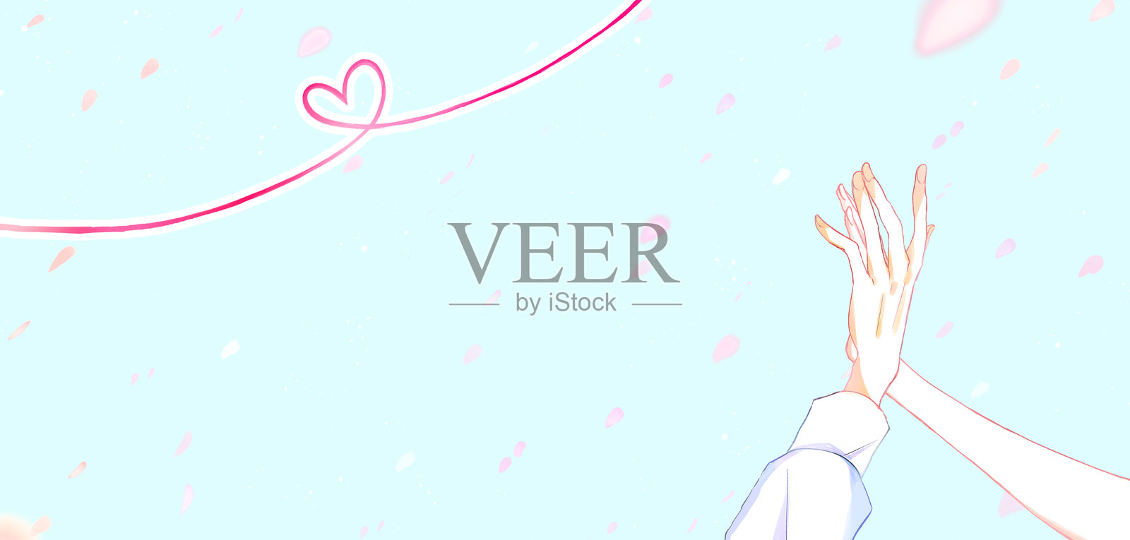 男女交织的双手与飘落的樱花花瓣插画图片素材