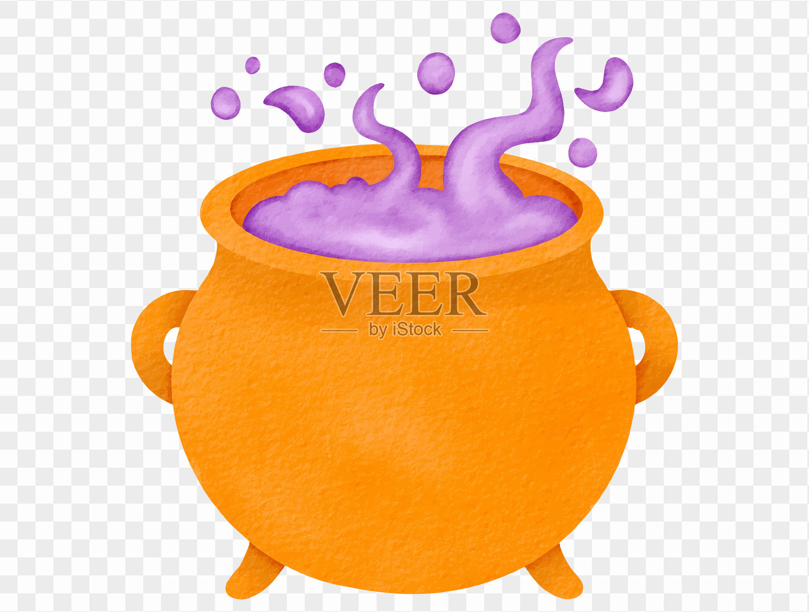 水彩橙色大锅，冒着泡的药水，女巫魔法万圣节矢量图。插画图片素材