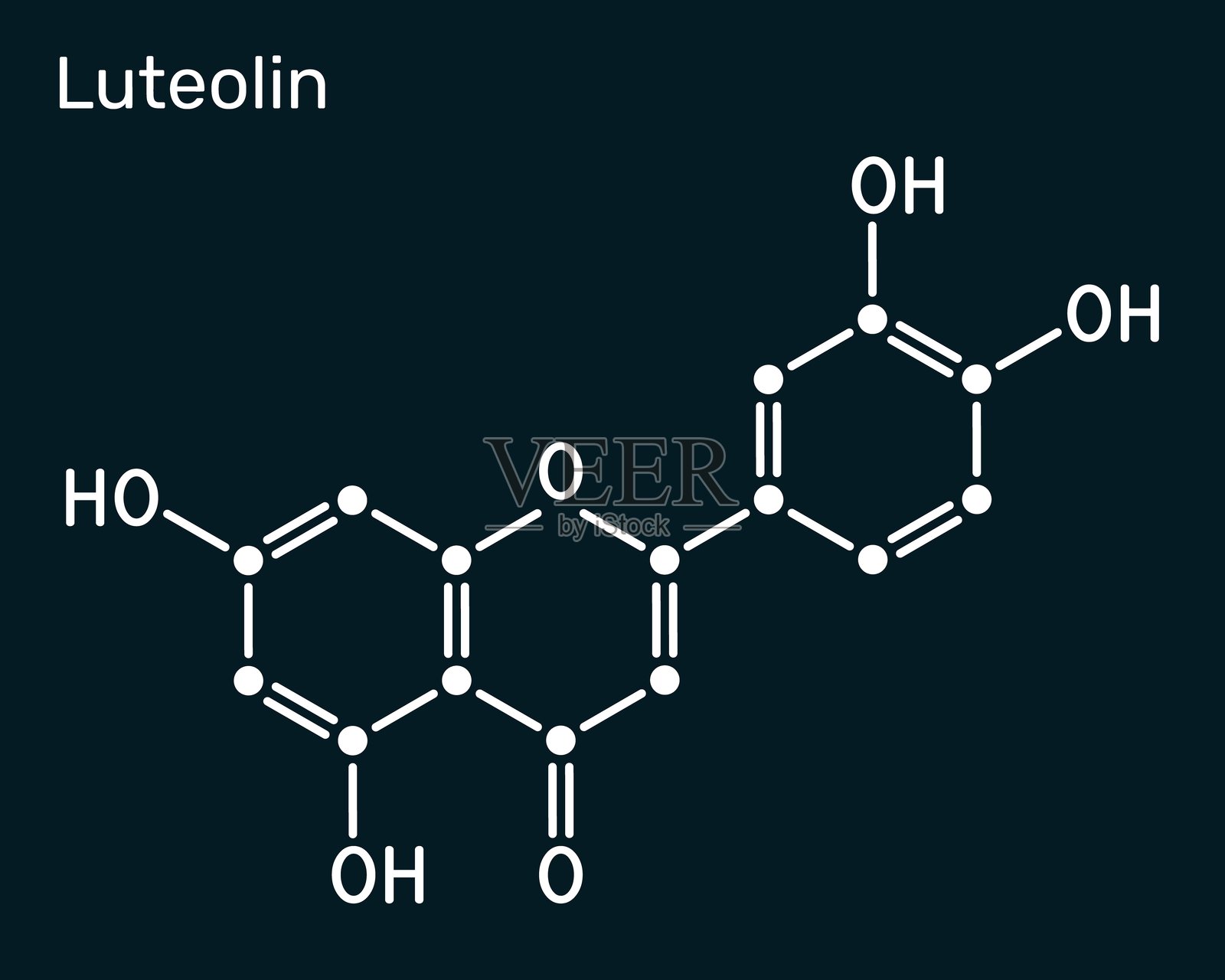 类黄酮分子。柑橘和草本生物类黄酮，抗氧化和抗炎。深蓝色背景上的骨架化学式。矢量图插画图片素材