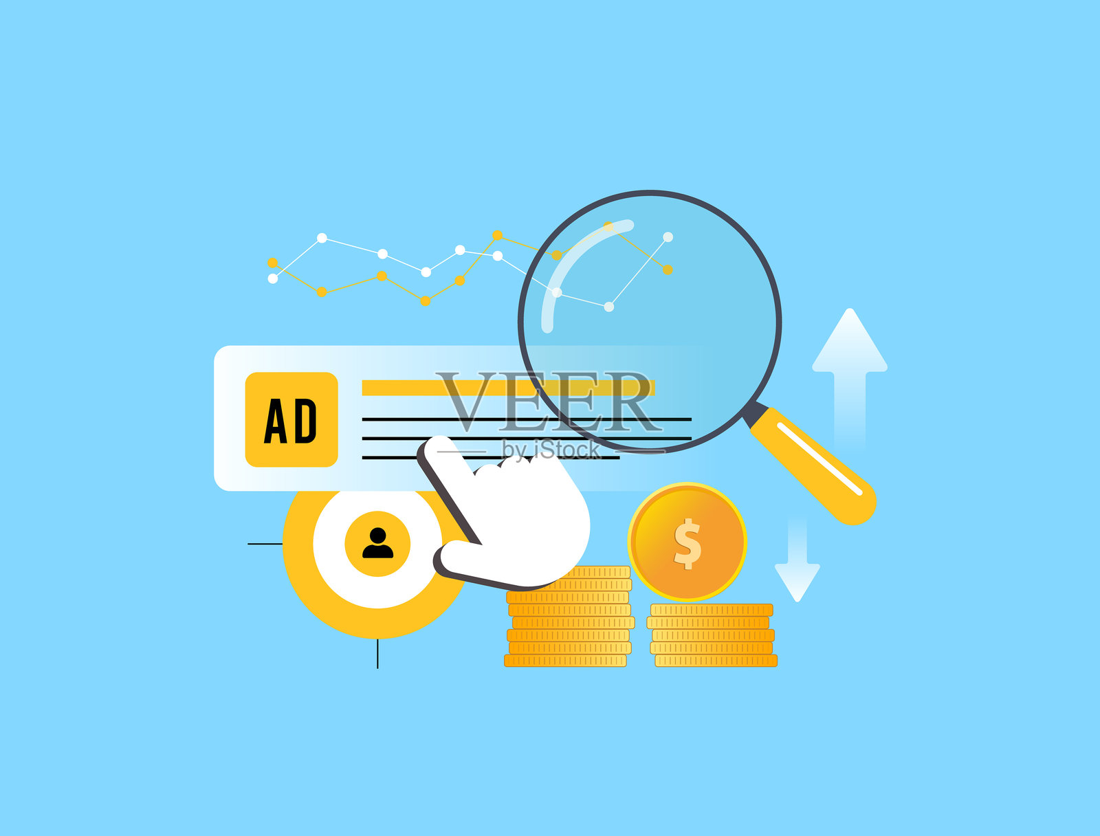 PPC广告分析优化每次点击付费广告系列。广告效果指标，PPC用户点击，成本叠加，收入箭头，趋势图，以提升数字营销投资回报率。矢量插画插画图片素材