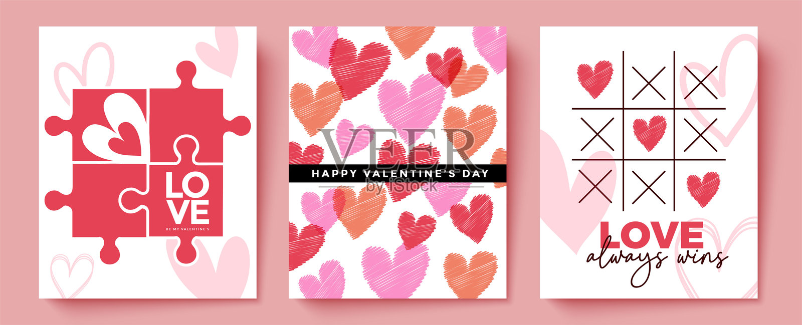 浪漫爱心图案和爱情字体的情人节海报套装插画图片素材