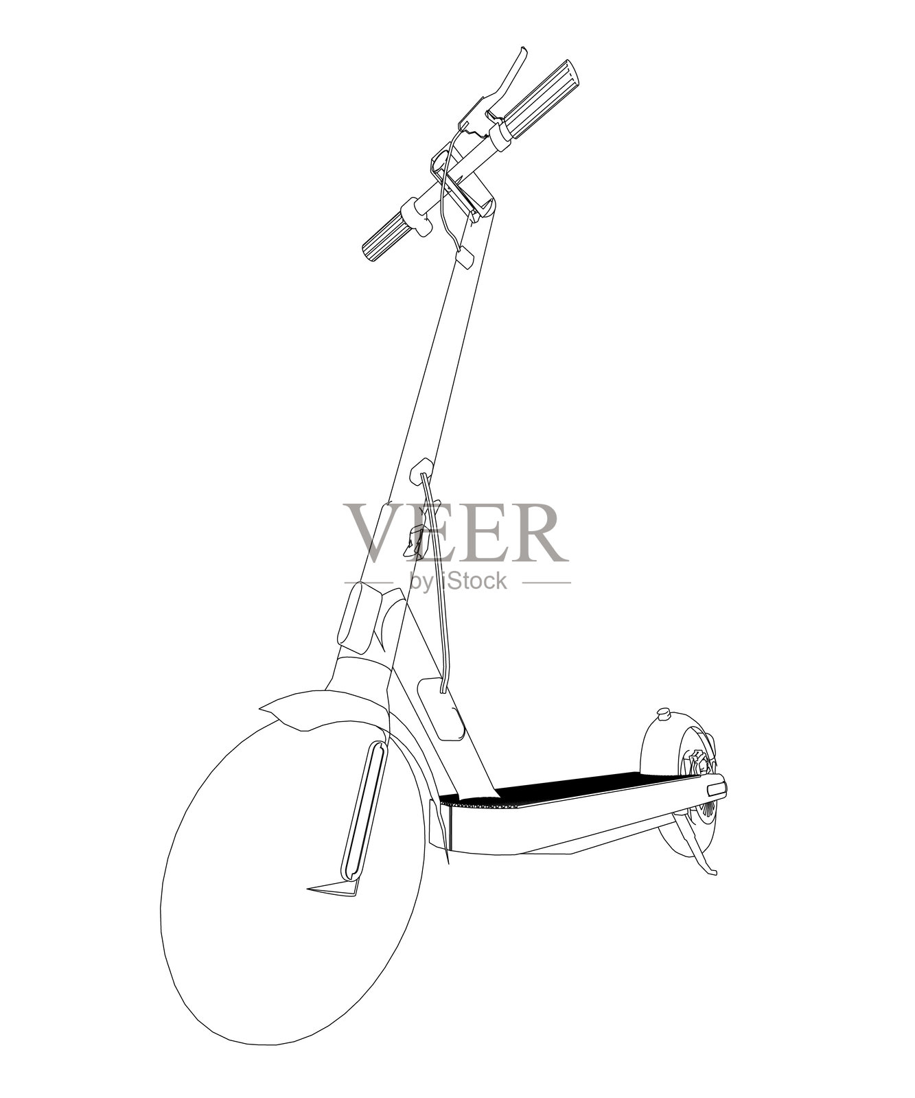 带有光滑黑色和白色设计、弯曲车把、抬高座椅和大而光亮的轮子的电动滑板车轮廓草图，背景为白色。插画图片素材