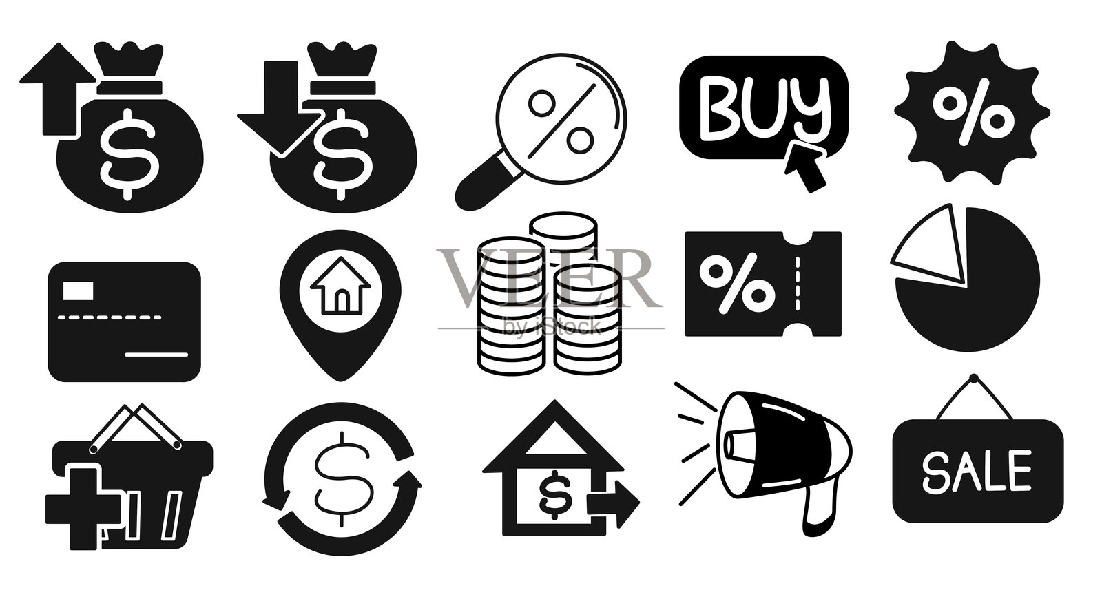 商业、促销、营销设计和金融广告的黑色矢量图标集插画图片素材