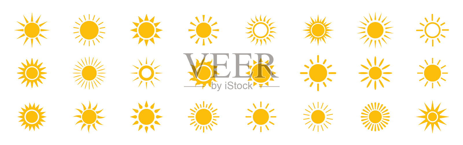 太阳图标集。太阳标志。黄色太阳圆圈。阳光矢量标志。矢量图插画图片素材