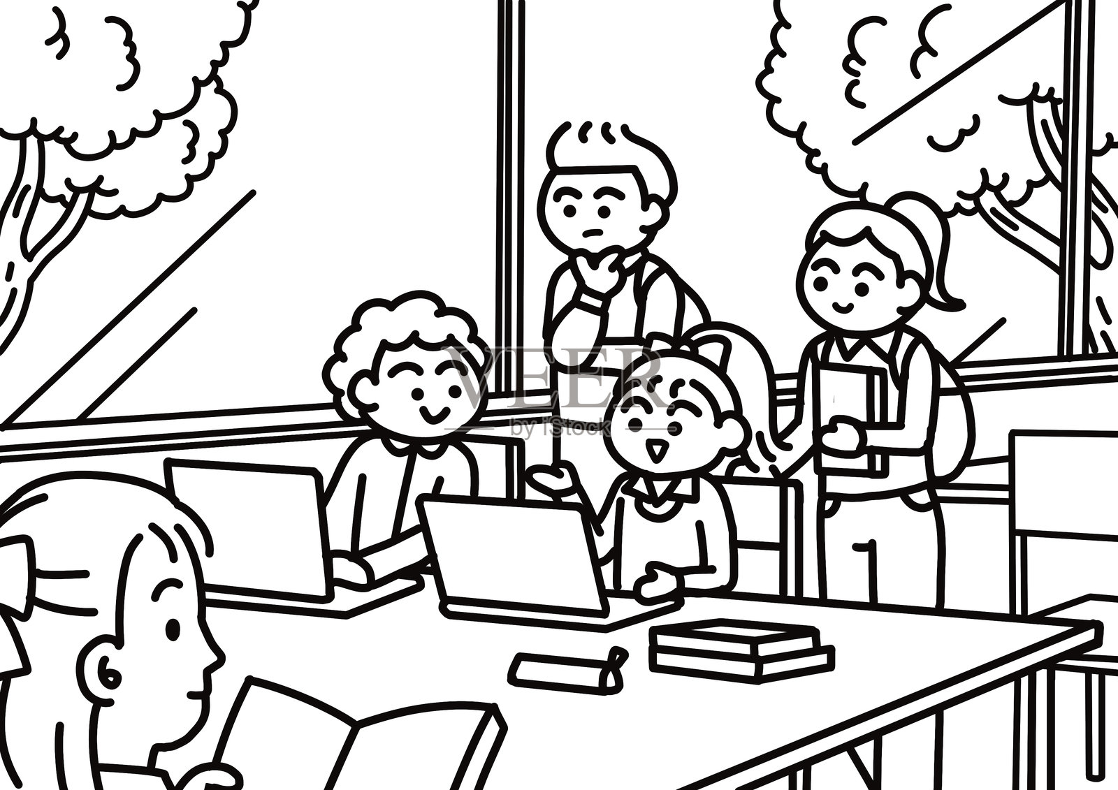 一群青少年在教室里一起分析他们的学习科目插画图片素材